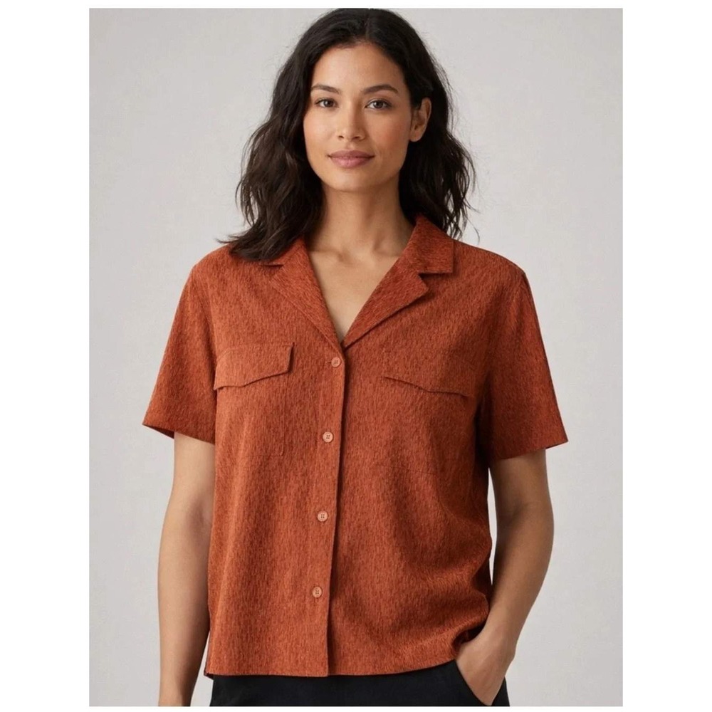 Athleta Echo Top Rust Orange Textured Button Down Shirt Short Sleeve NWT Sz S